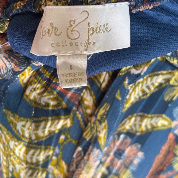 Pleated Faux Wrap Lace Up Midi Dress Puff Sleeve Large Love & Piece Navy Floral - Picture 5 of 5